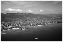 Aerial view. Waikiki, Honolulu, Oahu island, Hawaii, USA (black and white)