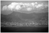 Aerial view. Waikiki, Honolulu, Oahu island, Hawaii, USA (black and white)