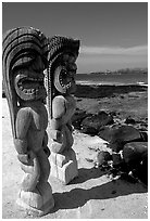 Statues of polynesian idols, Puuhonua o Honauau National Historical Park. Big Island, Hawaii, USA (black and white)