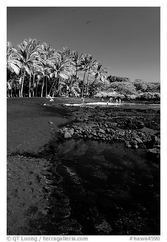 Beach of basalt black sand  at Punaluu. Big Island, Hawaii, USA (black and white)