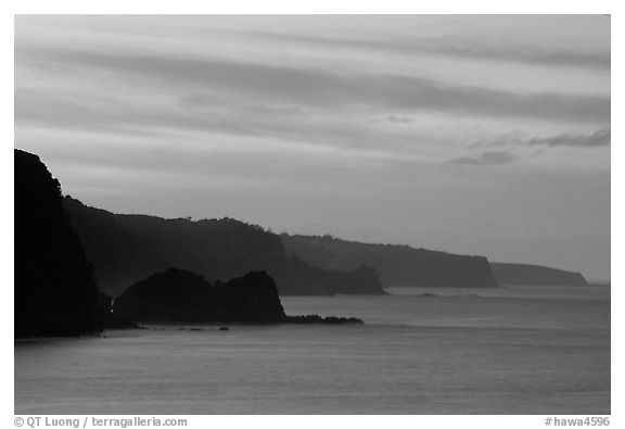 The north coast at sunset, seen from the Keanae Peninsula. Maui, Hawaii, USA (black and white)
