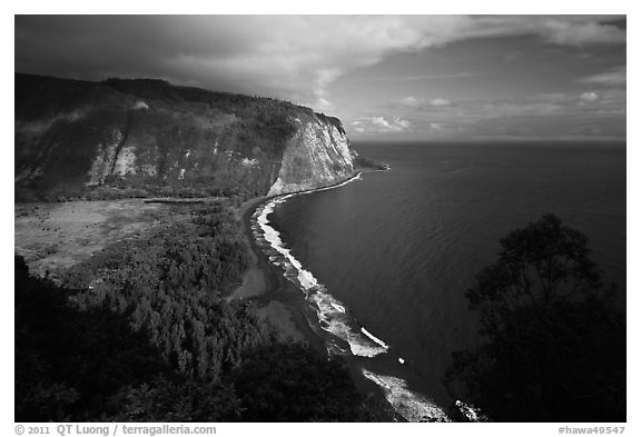 Waipio Valley and beach. Big Island, Hawaii, USA (black and white)