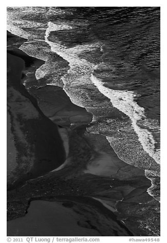 Surf and black sand beach from above, Waipio Valley. Big Island, Hawaii, USA (black and white)