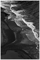 Surf and black sand beach from above, Waipio Valley. Big Island, Hawaii, USA ( black and white)