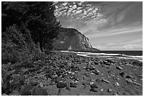 Waipio Beach covered with black sand. Big Island, Hawaii, USA ( black and white)