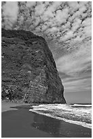 Black sand beach and cliff, Waipio Valley. Big Island, Hawaii, USA (black and white)