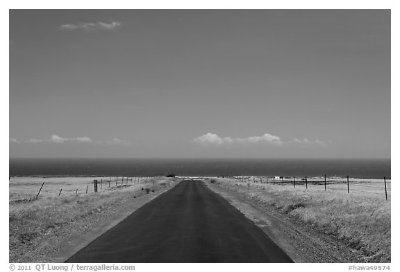 Road and Pacific Ocean, South Point. Big Island, Hawaii, USA (black and white)