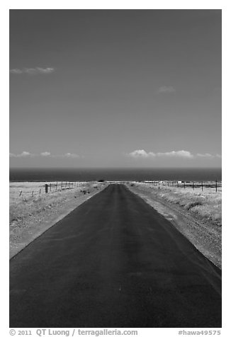 Narrow road and ocean,  South Point. Big Island, Hawaii, USA (black and white)
