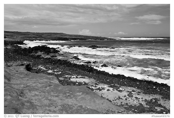 Colorful shale and ocean with surf, South Point. Big Island, Hawaii, USA (black and white)