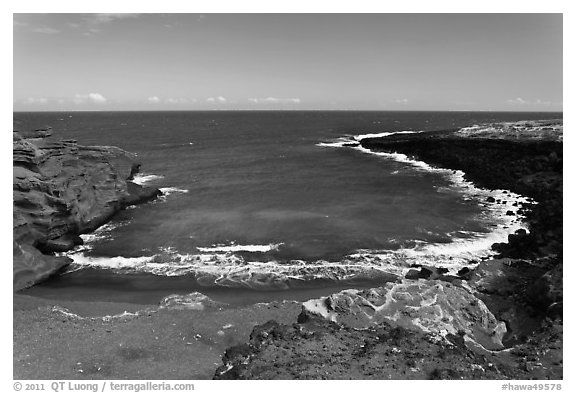 Collapsed cinder cone with green sand, South Point. Big Island, Hawaii, USA (black and white)