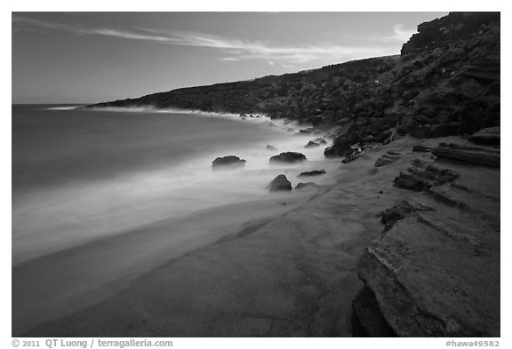 Olivine sand beach. Big Island, Hawaii, USA (black and white)