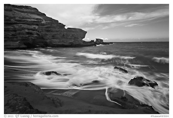 Surf and green sand, Papakolea Beach. Big Island, Hawaii, USA (black and white)