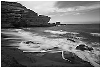 Surf and green sand, Papakolea Beach. Big Island, Hawaii, USA (black and white)