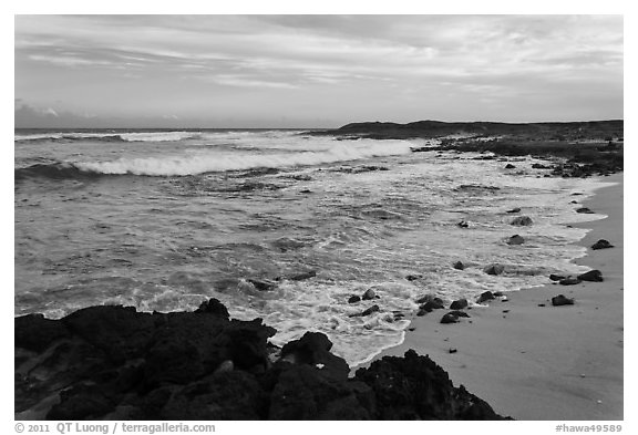 Beach and lava near South Point, sunset. Big Island, Hawaii, USA (black and white)