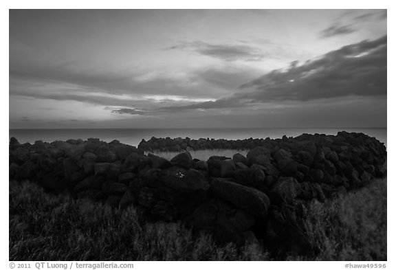 Ruins of ancient hawaiian temple at dusk, South Point. Big Island, Hawaii, USA (black and white)
