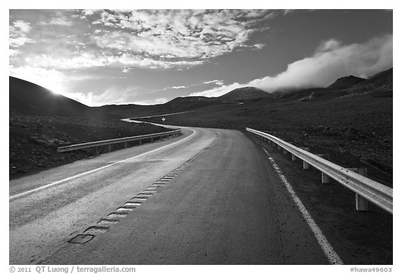 Road and cinder cones. Mauna Kea, Big Island, Hawaii, USA