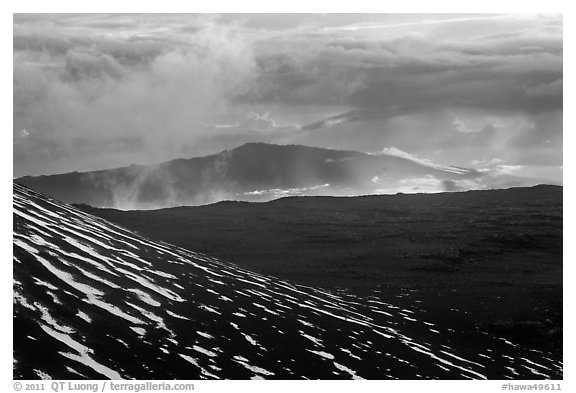 Volcanic mountains and clouds at sunset. Mauna Kea, Big Island, Hawaii, USA (black and white)