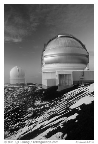 Gemini Northern Telescope and Canada-France Telescope. Mauna Kea, Big Island, Hawaii, USA (black and white)