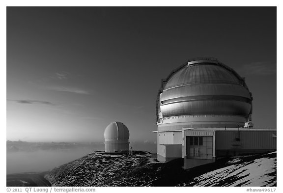 Observatories at dusk. Mauna Kea, Big Island, Hawaii, USA (black and white)