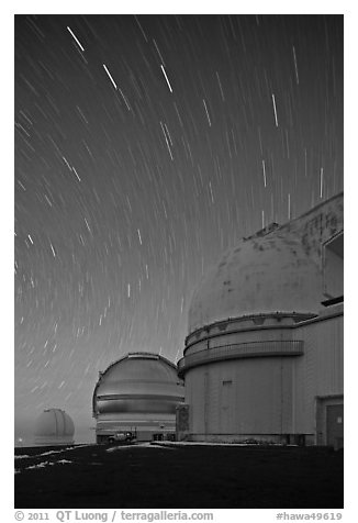 Telescopes and star trails. Mauna Kea, Big Island, Hawaii, USA (black and white)