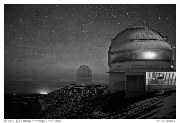 Telescopes and stars at night. Mauna Kea, Big Island, Hawaii, USA (black and white)
