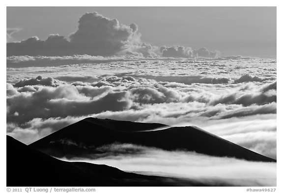 Ridges and sea of clouds. Mauna Kea, Big Island, Hawaii, USA (black and white)