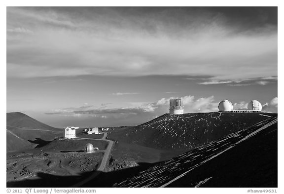 Summit observatory complex. Mauna Kea, Big Island, Hawaii, USA (black and white)
