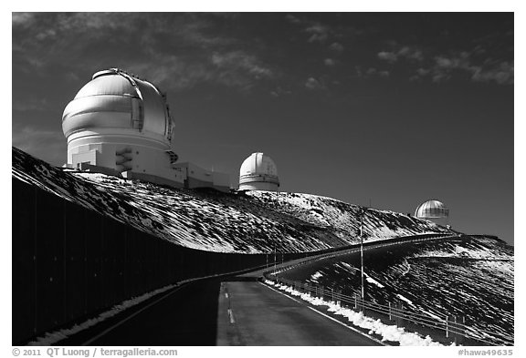 Observatories and recent snow. Mauna Kea, Big Island, Hawaii, USA (black and white)