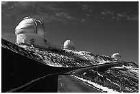 Observatories and recent snow. Mauna Kea, Big Island, Hawaii, USA ( black and white)