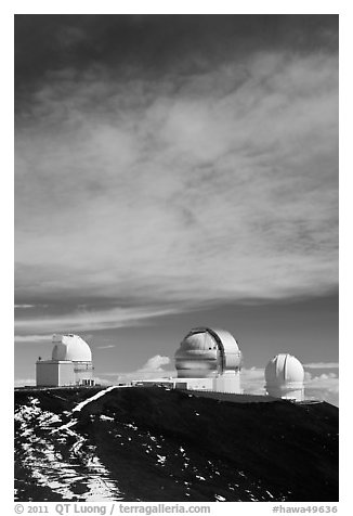 Summit observatories. Mauna Kea, Big Island, Hawaii, USA (black and white)