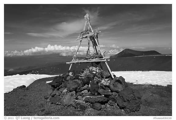 Mountain summit and hawaiian altar. Mauna Kea, Big Island, Hawaii, USA (black and white)