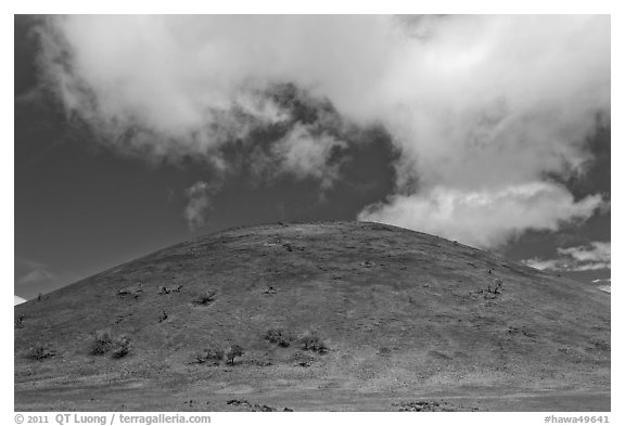 Cinder cone covered with grass, clouds. Big Island, Hawaii, USA (black and white)
