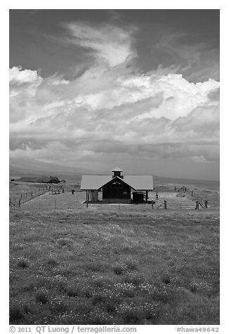 Rural building with bright red roof in ranchland. Big Island, Hawaii, USA