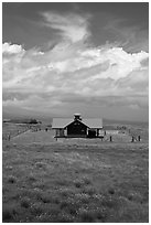 Rural building with bright red roof in ranchland. Big Island, Hawaii, USA ( black and white)