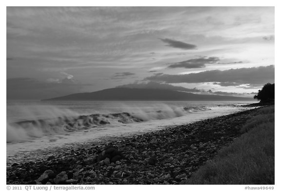 Lanai Island and crashing surf at sunset. Lahaina, Maui, Hawaii, USA (black and white)