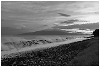 Lanai Island and crashing surf at sunset. Lahaina, Maui, Hawaii, USA ( black and white)