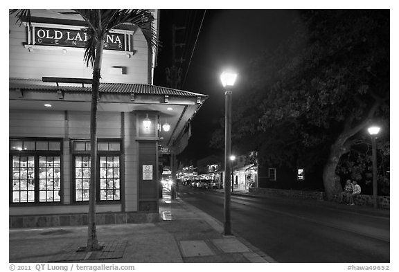 Front street at night. Lahaina, Maui, Hawaii, USA (black and white)