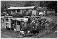 Souvenir stand and houses, Kahakuloa. Maui, Hawaii, USA (black and white)