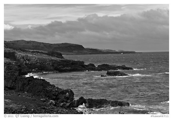 Man fishing, Southern coastline. Maui, Hawaii, USA (black and white)