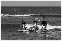 Surfing students ride the same wave. Lahaina, Maui, Hawaii, USA (black and white)