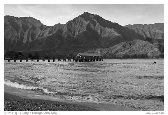 Hanalei Pier and surfer, early morning. Kauai island, Hawaii, USA (black and white)