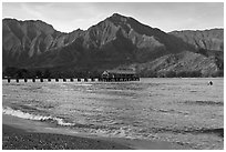 Hanalei Pier and surfer, early morning. Kauai island, Hawaii, USA ( black and white)