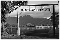 Princeville Ranch gate. Kauai island, Hawaii, USA (black and white)