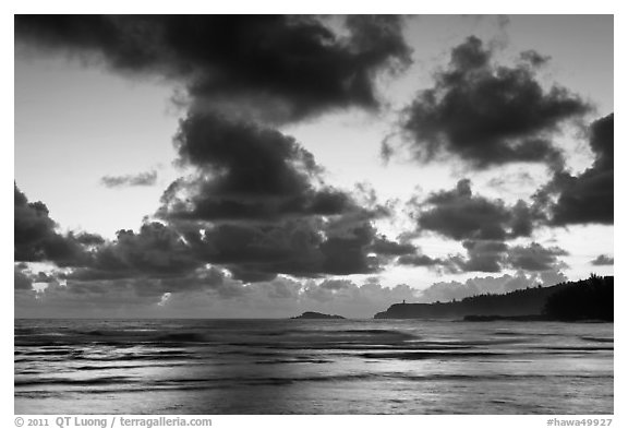 Clouds at sunrise over Kalihiwai Bay. Kauai island, Hawaii, USA (black and white)