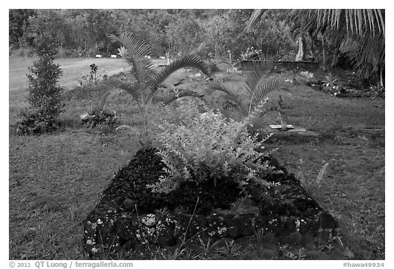 Tomb made of lava rock, Hanalei Valley. Kauai island, Hawaii, USA (black and white)