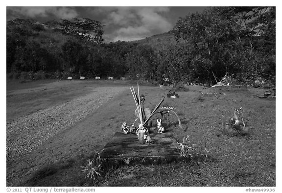 Chinese graves,  Hanalei Valley. Kauai island, Hawaii, USA (black and white)