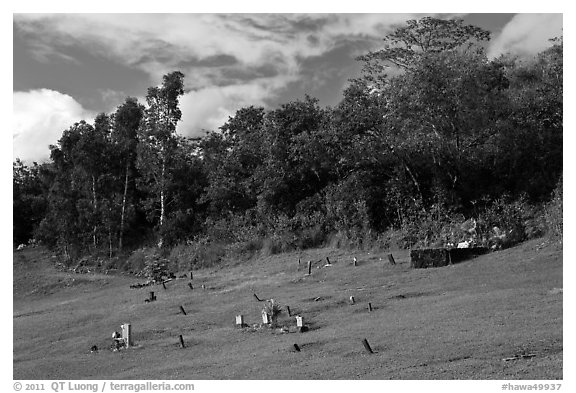 Graves on grassy slope, Hanalei Valley. Kauai island, Hawaii, USA