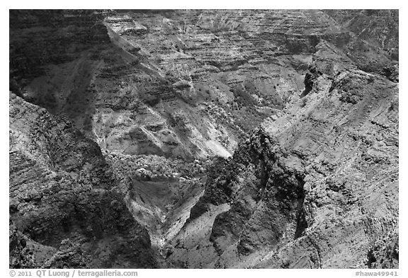 Waimea Canyon carved into tholeiitic and post-shield calc-alkaline lava. Kauai island, Hawaii, USA (black and white)