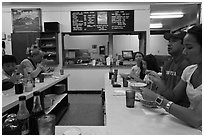 Popular noodle restaurant, Lihue. Kauai island, Hawaii, USA ( black and white)