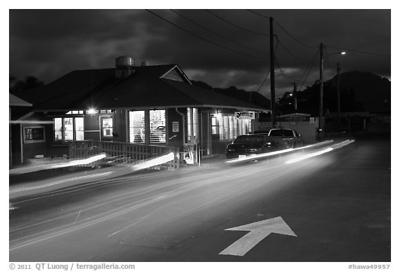 Restaurant and street by night, Lihue. Kauai island, Hawaii, USA (black and white)